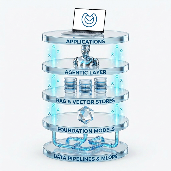 The AI stack across five layers: Applications, Agentic Layer, RAG and Vector Stores, Foundation Models, Data Pipelines and MLOps.