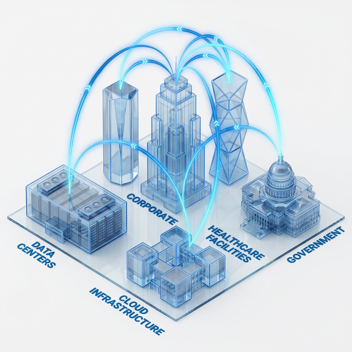 An ecosystem architecture spanning data centers, cloud infrastructure, corporate systems, healthcare facilities, and government.